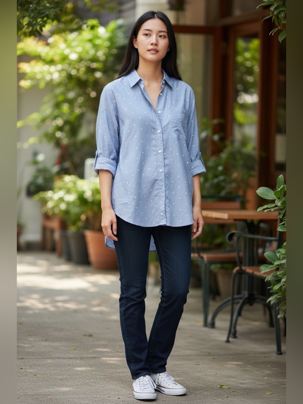 NWT En Crème Light Blue Polka Dot Button-Up Shirt Sz S